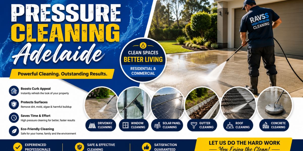 Pressure Cleaning Adelaide by RAVSS High Pressure Cleaning featuring driveway, roof, gutter, solar panel, window, and concrete cleaning services in Adelaide.
