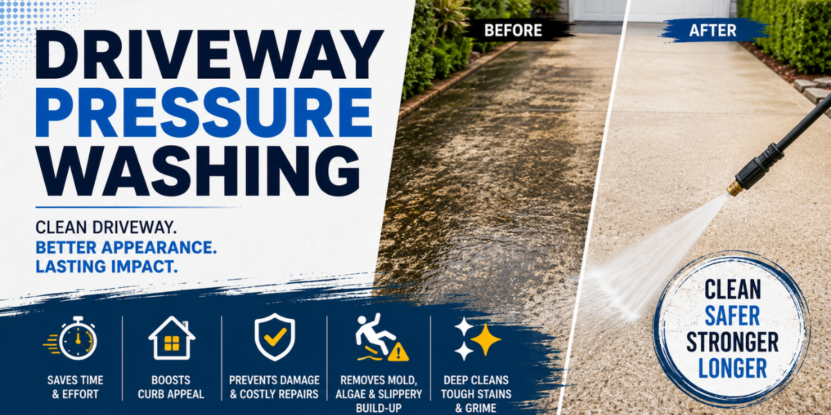 Professional driveway pressure washing in Adelaide by RAVSS High Pressure Cleaning removing dirt, oil stains, mould, algae, and grime from concrete driveways