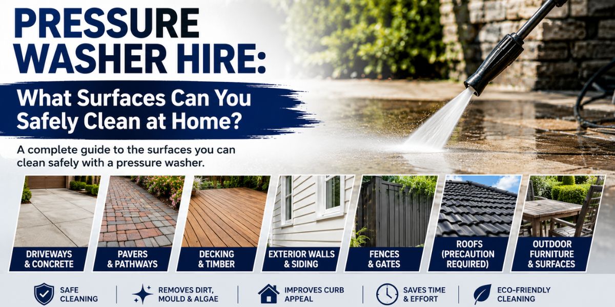 Professional pressure washer cleaning a residential driveway and outdoor surfaces, demonstrating safe pressure washer hire for home cleaning in Adelaide.