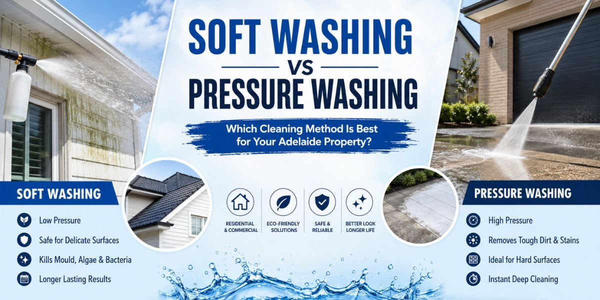 Professional comparison of soft washing vs pressure washing methods for cleaning roofs, driveways, walls, and exterior surfaces in Adelaide.
