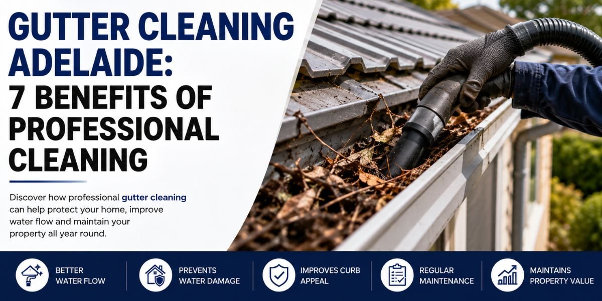 Gutter cleaning Adelaide with professional gutter cleaning equipment removing leaves and debris from a roof gutter