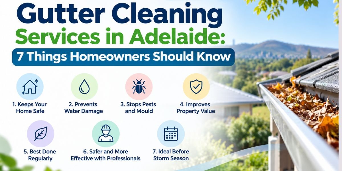 Gutter cleaning services in Adelaide showing a professional gutter cleaning and maintenance guide for homeowners.