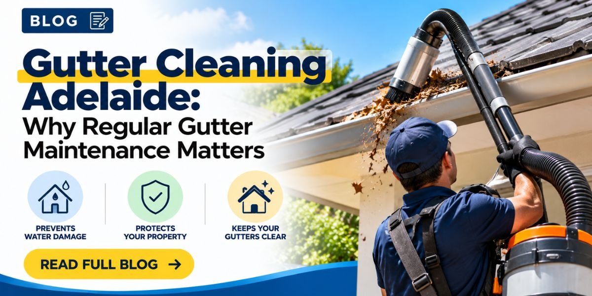 Professional gutter cleaning in Adelaide using specialised equipment to remove leaves and debris from roof gutters.